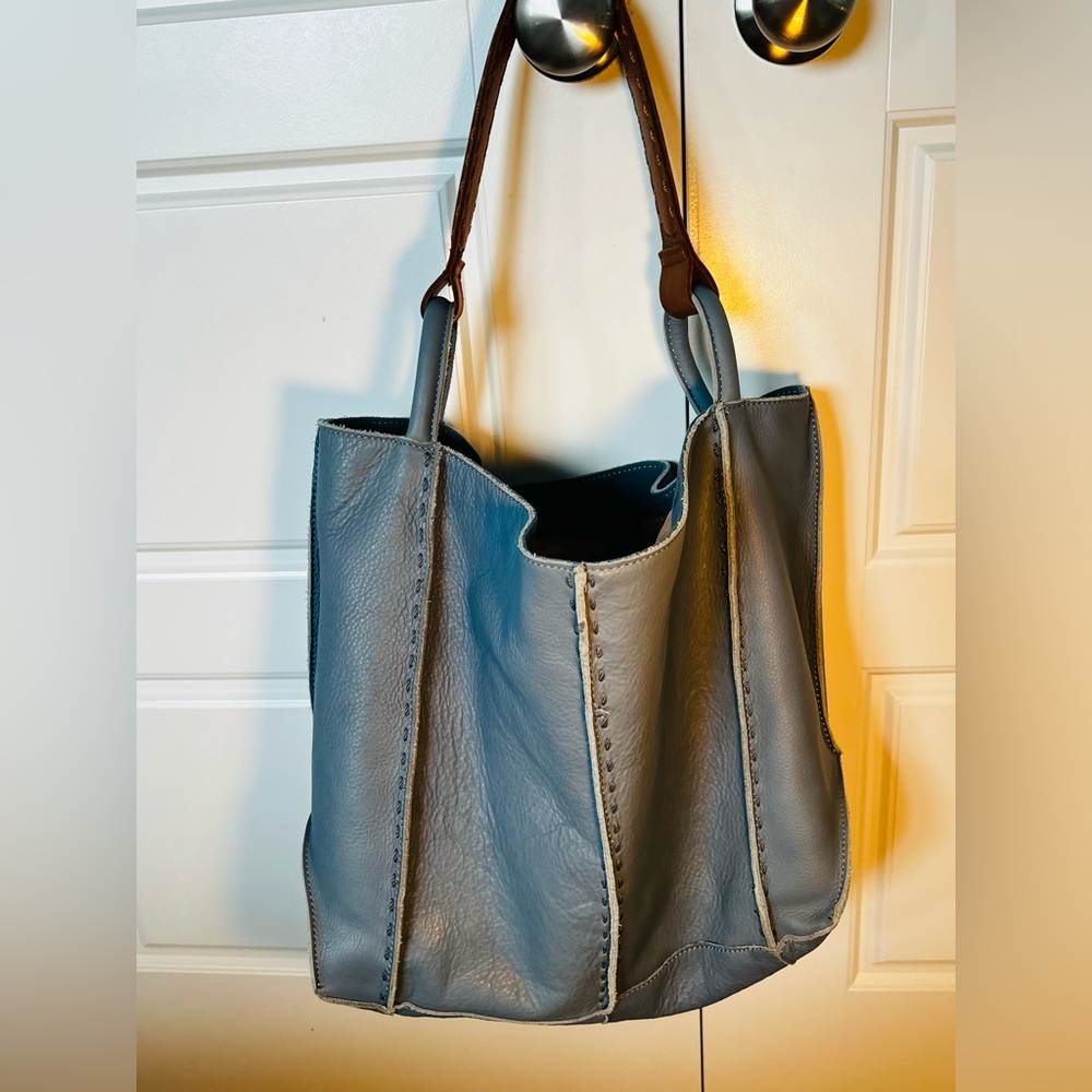 The Sak Los Feliz Large Blue Indigo Leather Tote with Brown Straps